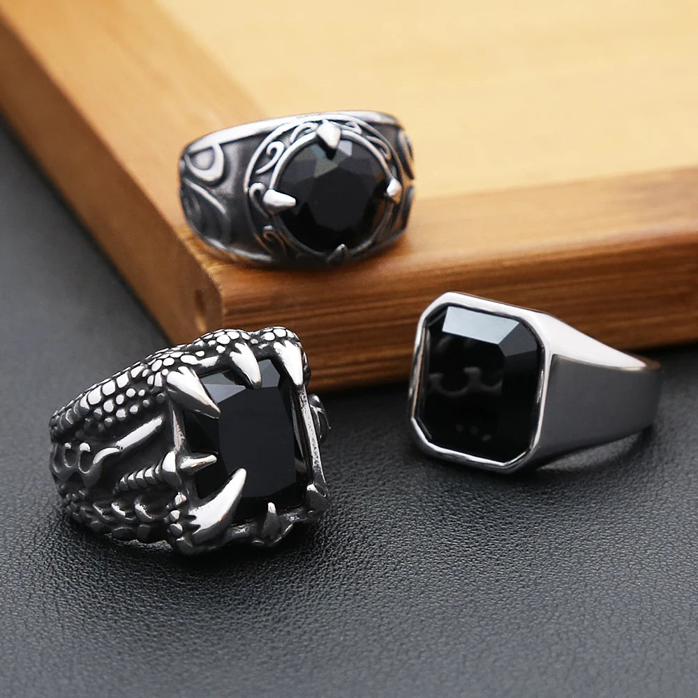 Gothic Dragon Black Ring Vintage Claw Punk Stone