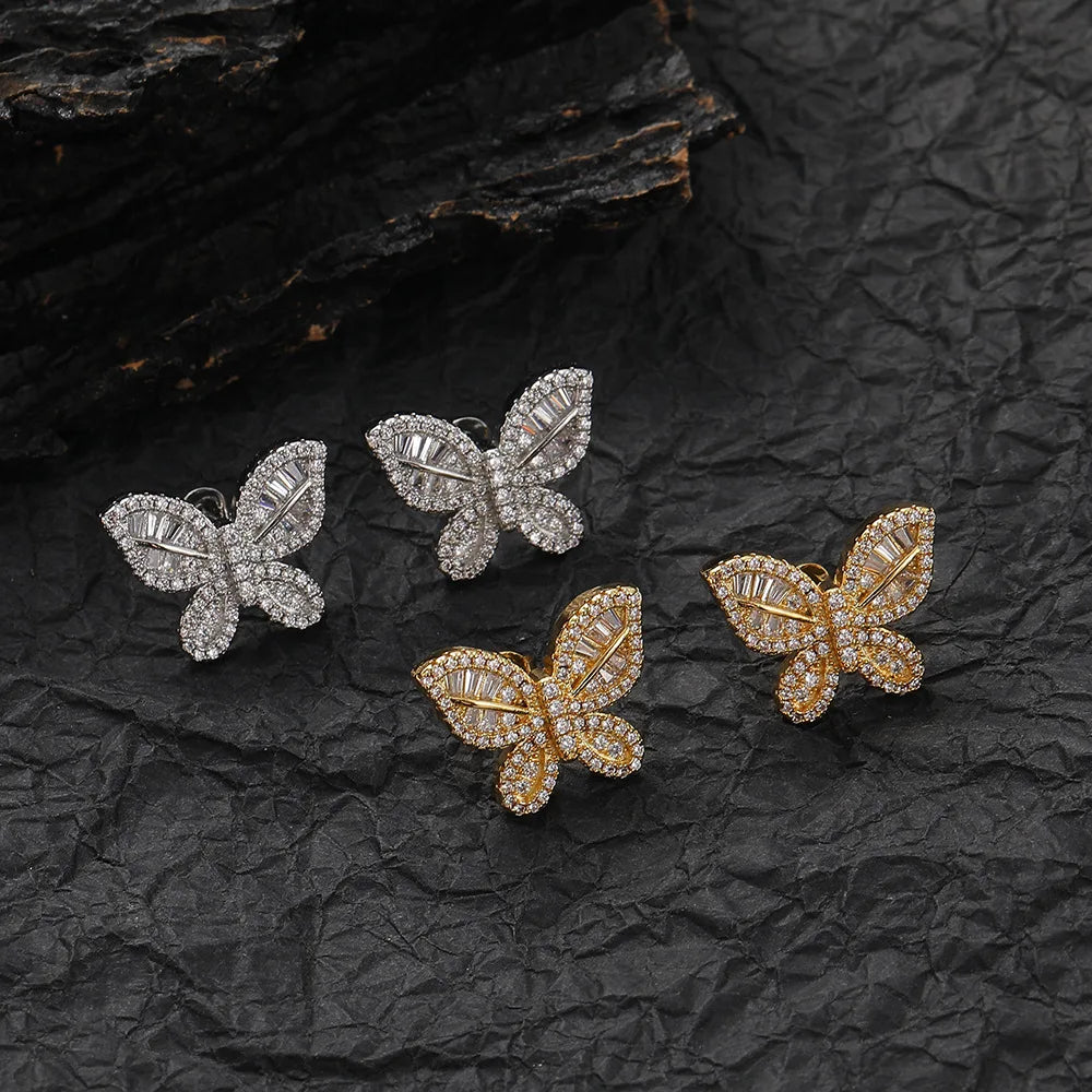 Gold Iced Out Butterfly Stud Earrings Statement