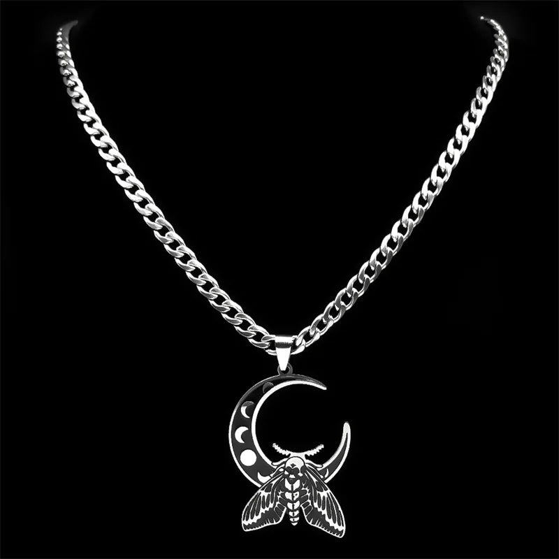Wicca Moon Moth Pendant — Stainless Steel