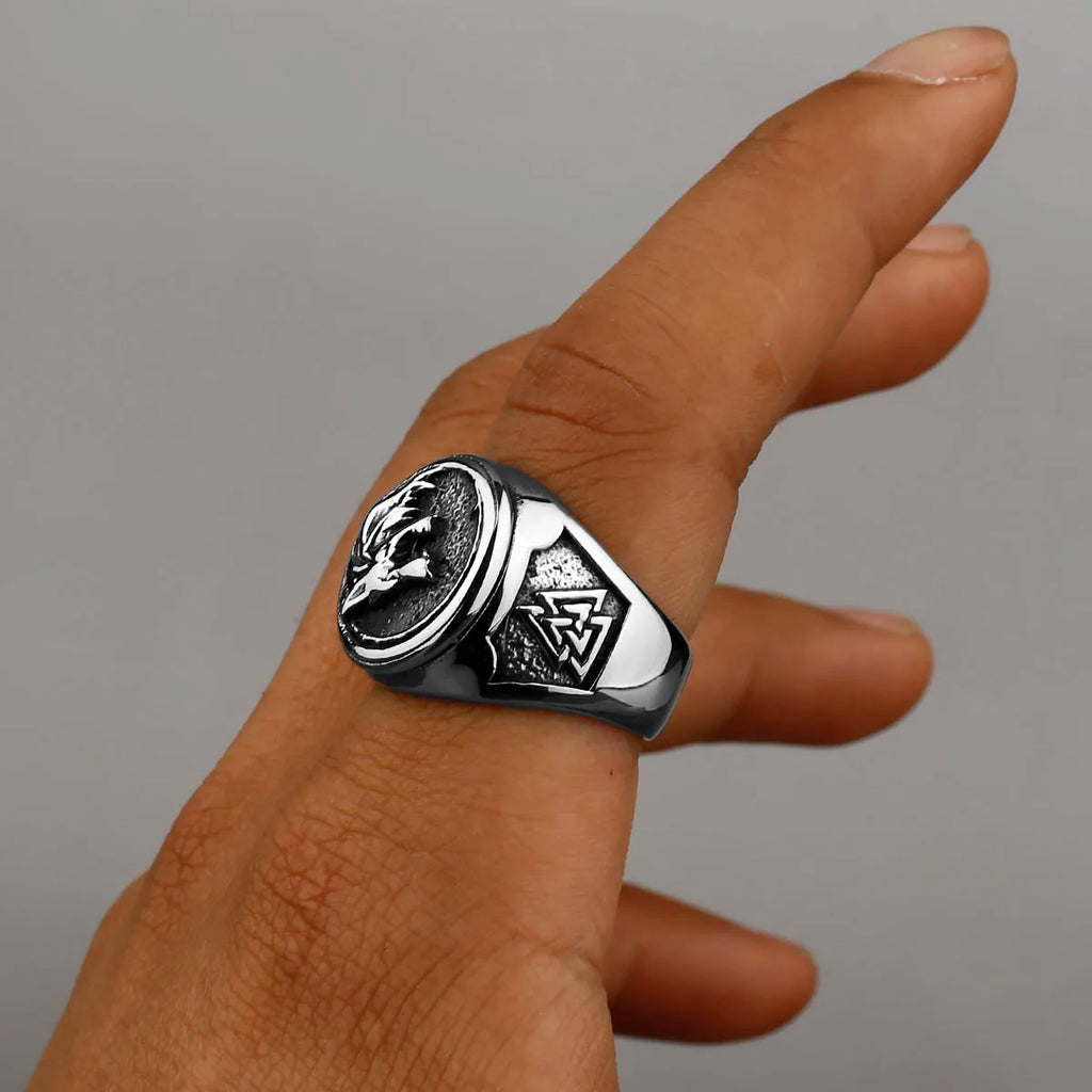 Viking Valknut Rune Wolf Head Ring Men's Fashion Personality Animal Stainless Steel Finger Ring Biker Party Club