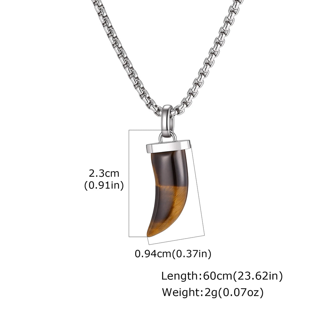 Stylish Natural Stone Horn Necklace for Men,Stainless Steel Black Agate Tiger Eye Stone Pendant Necklace,Healing Amulet Jewelry