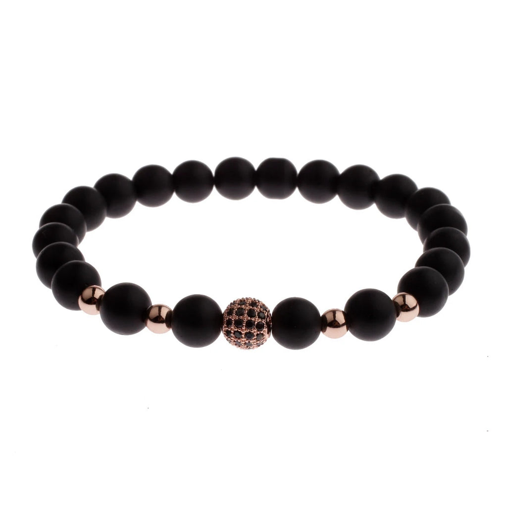 Black CZ Pave Ball Beaded Bracelet for Men — Adjustable Weave