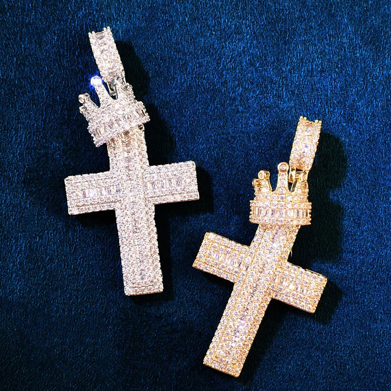 Hip Hop 3A+ CZ Stone Paved Bling Iced Out Crown Cross Charm Pendants Necklace for Men Rapper Jewelry Gold Silver Color