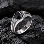 Stylish Black Stone Signet Ring for Men,Stainless Steel Geometric Zircon Band,New Punk Statement Jewelry Gift