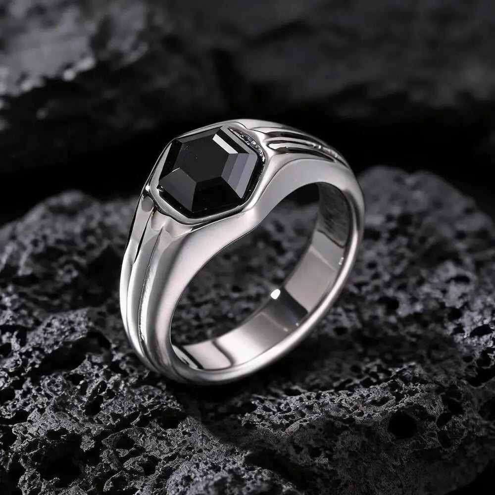 Stylish Black Stone Signet Ring for Men,Stainless Steel Geometric Zircon Band,New Punk Statement Jewelry Gift