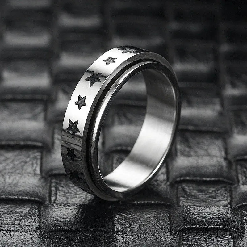 Vintage Star Stainless Steel Rotating Ring Anti Stress Man Worry Stress Relief Anxiety Relaxing Metal Rock Band Ring