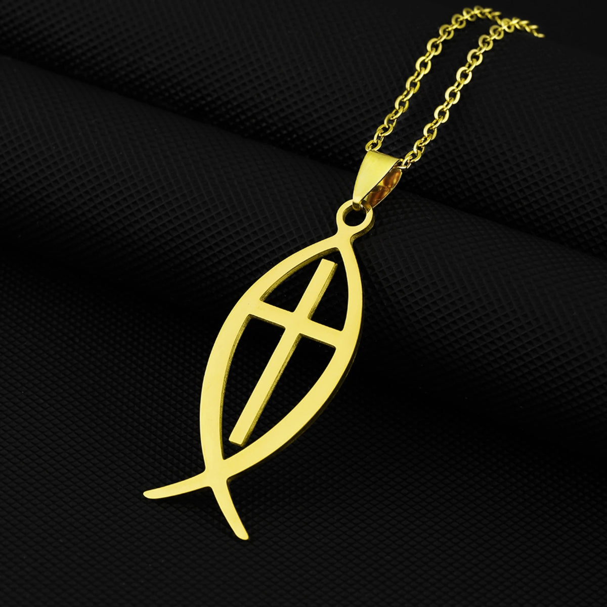 Ichthys Jesus Fish Cross Pendant Necklace — Stainless Steel