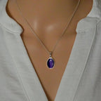 Retro Minimalism Stainless Steel Egg Oval Purple Black Onyx Pendant Necklace for Women Sliver Color Collar Chain