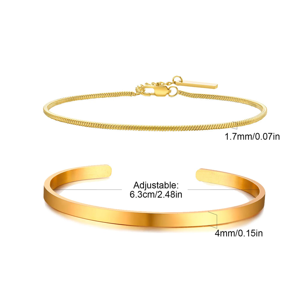 Minimal Chain Link Cuff Bracelet Set — Stainless Steel