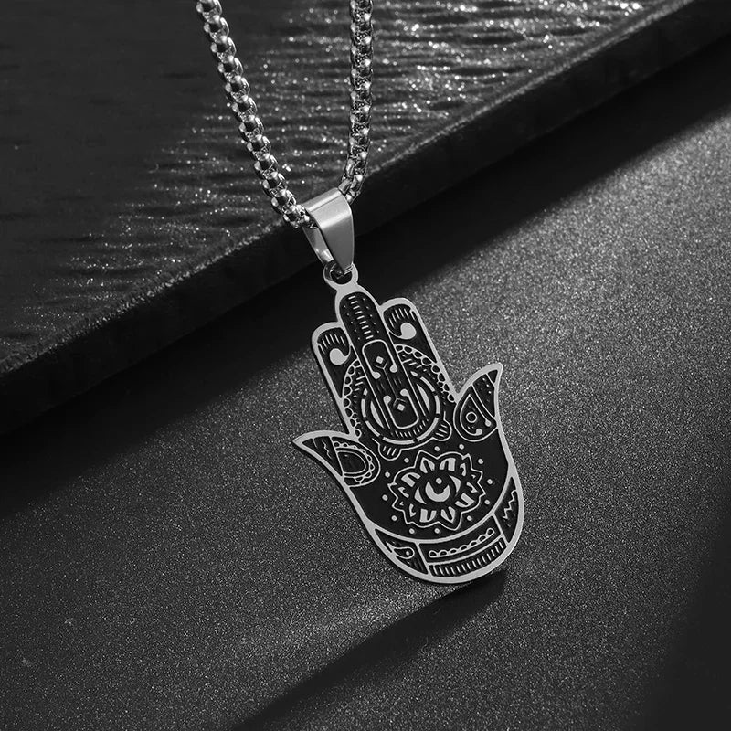 Hamsa Hands of Fatima Hebrew Pendant Stainless Steel Jerusalem Star of David Necklace Women's Jewish Jewelry
