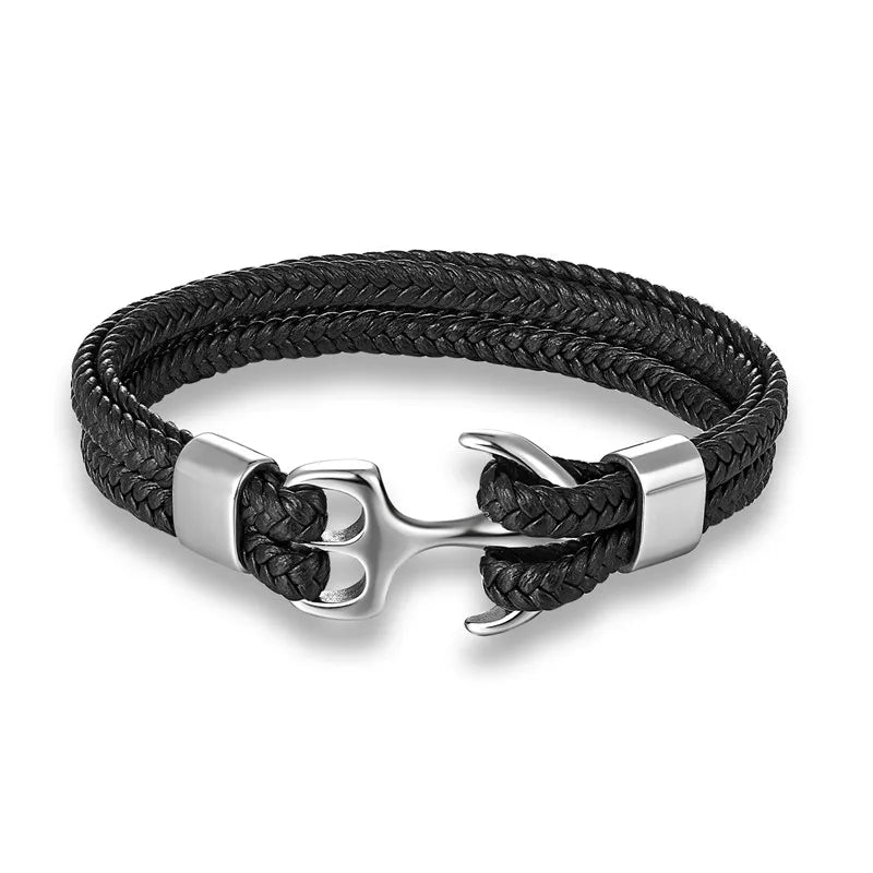 Nautical Anchor Woven Leather Bracelet — Stainless Steel Buckle
