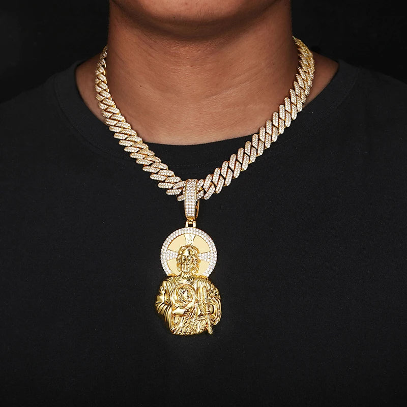 Iced Out Cross Jesus Piece Pendant Necklace — Copper Alloy