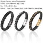 New Fashion 8mm Chain Curb Cuban Link Charm Leather Bracelets Men Stainless Steel Magnet Clasp Hand Bracelet Homme
