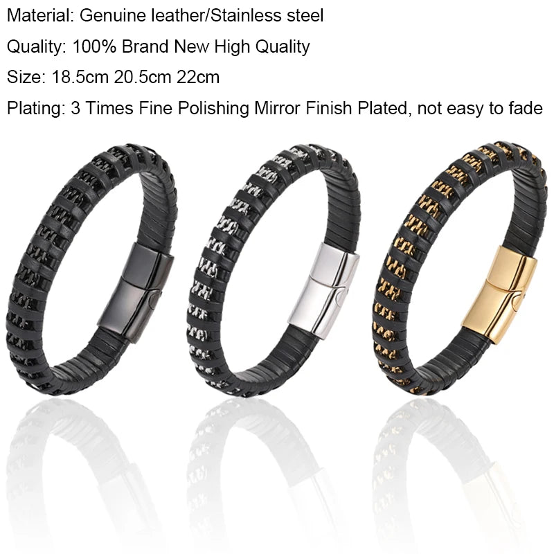 New Fashion 8mm Chain Curb Cuban Link Charm Leather Bracelets Men Stainless Steel Magnet Clasp Hand Bracelet Homme