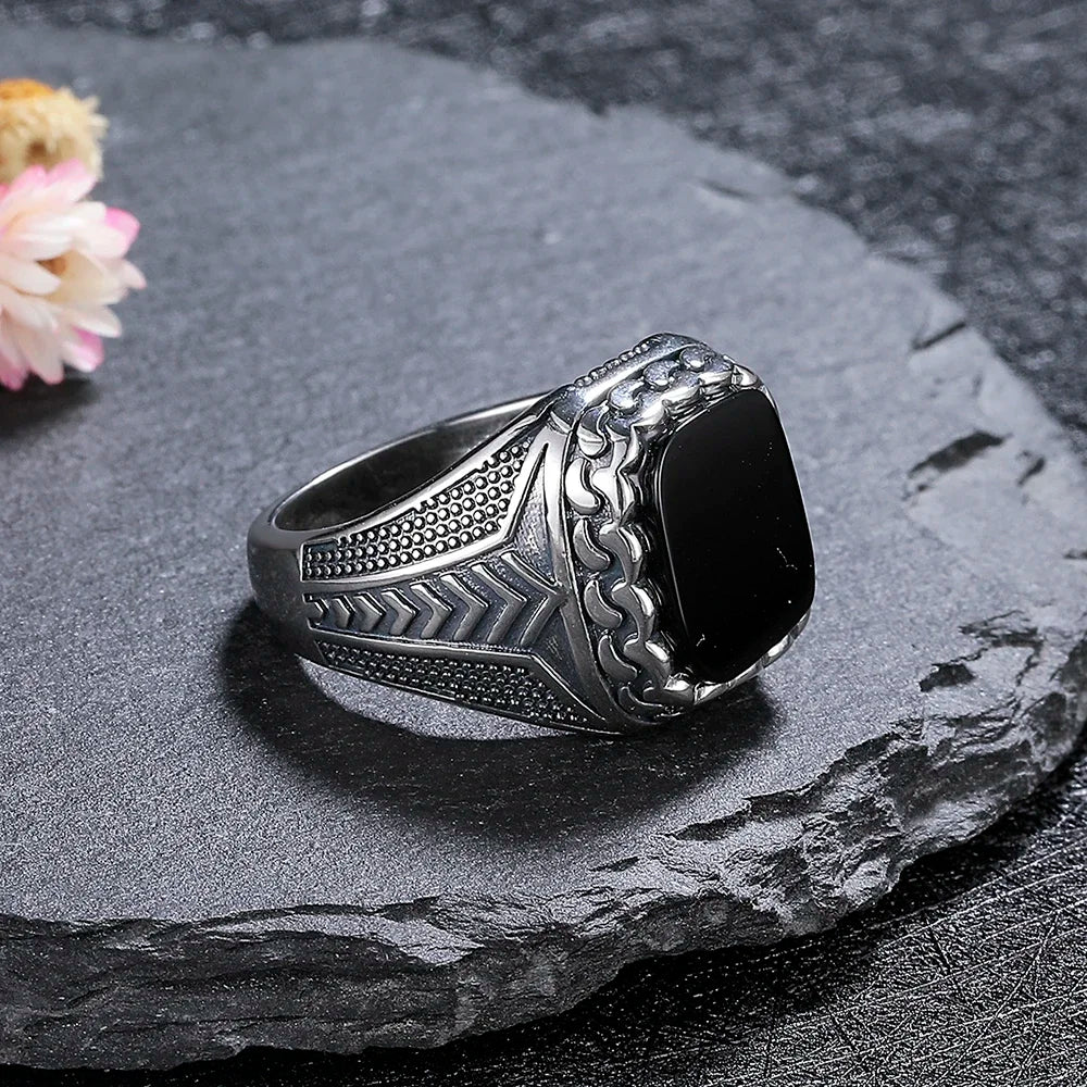 Natural 10*12mm Big Black Agate Stone Vintage Ring For Men Women,Noble Atmospheric Temperament Silver Plated Jewelry Rings Gifts