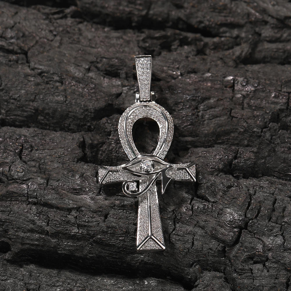 THE BLING KING Iced Eye of Horus Ancien Egypt Ankh Pendant Necklace Big Vintage Zirconia Cross Key Of Life Guardian Jewelry Gift