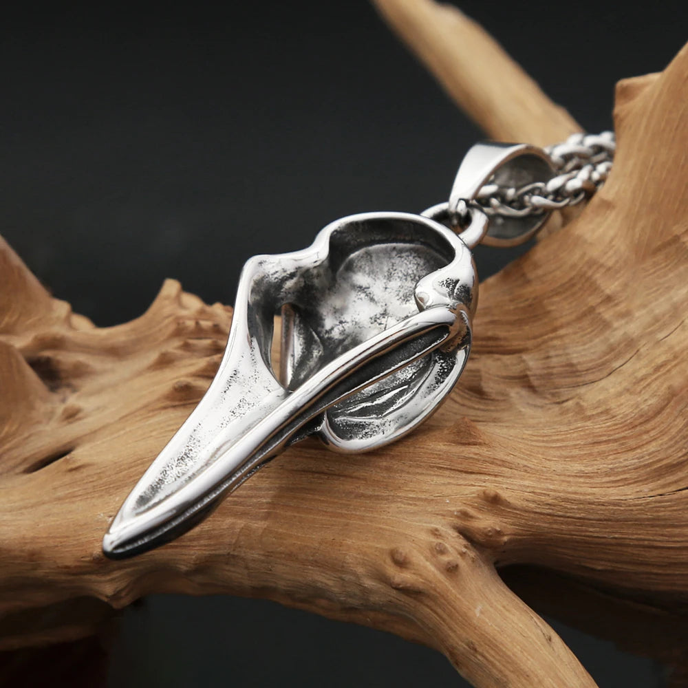 Vintage Fashion Vikings Compass Crow Head Pendant Necklace For Men Stainless Steel Nordic Animal Skull Necklaces Biker