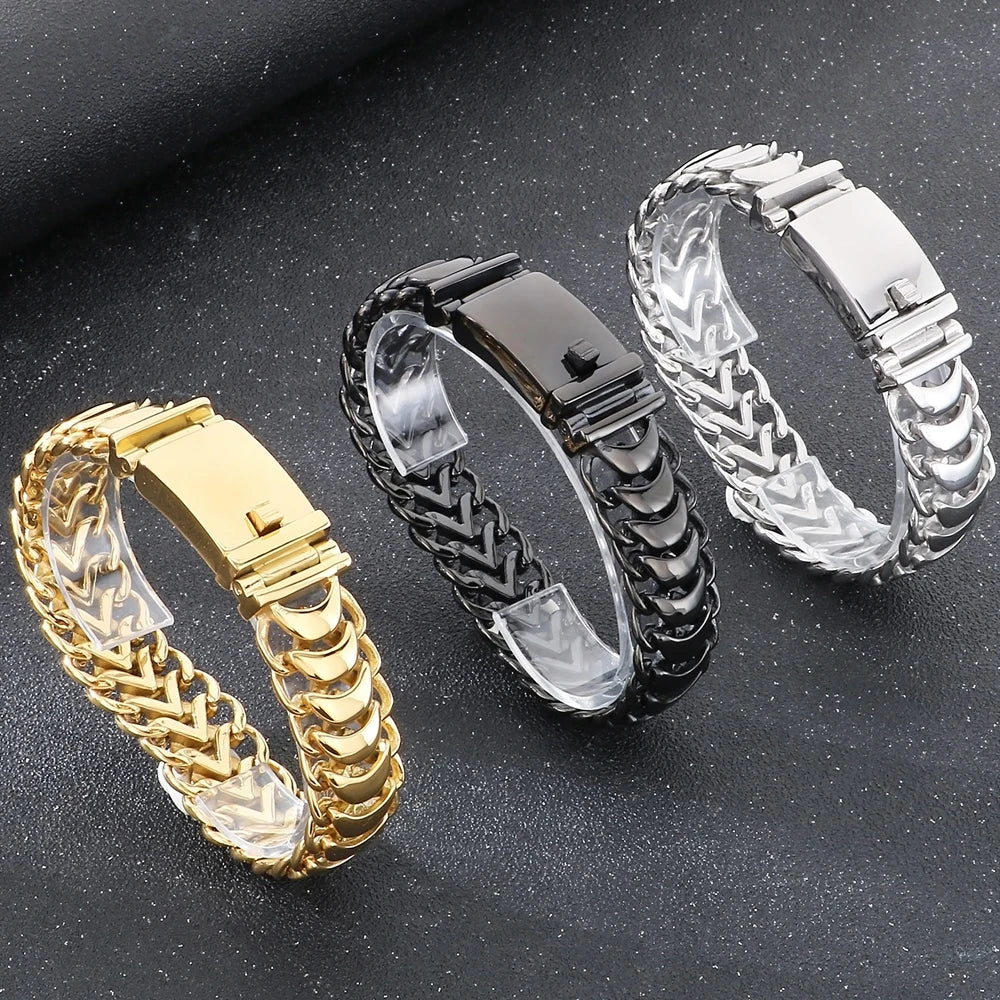 Hiphop Male Bracelets for Man Gold Color Stainless Steel 19MM Width Keel Curb Link Chain Men's Bracelets Christmas