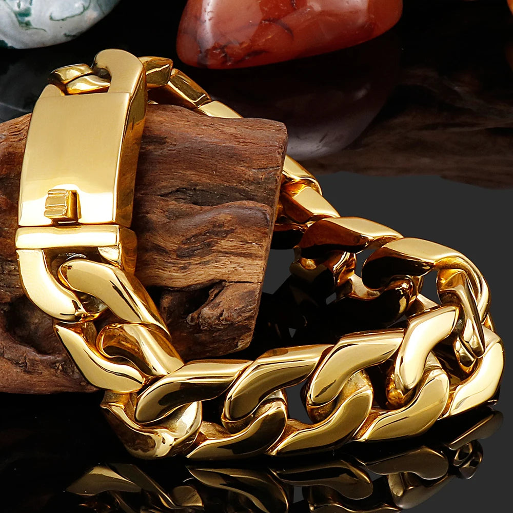 17MM Thick 316L Stainless Steel Cuban Link Chain Waterproof Gold Color Men's Bracelets Minimalist Retro Male Jewelry