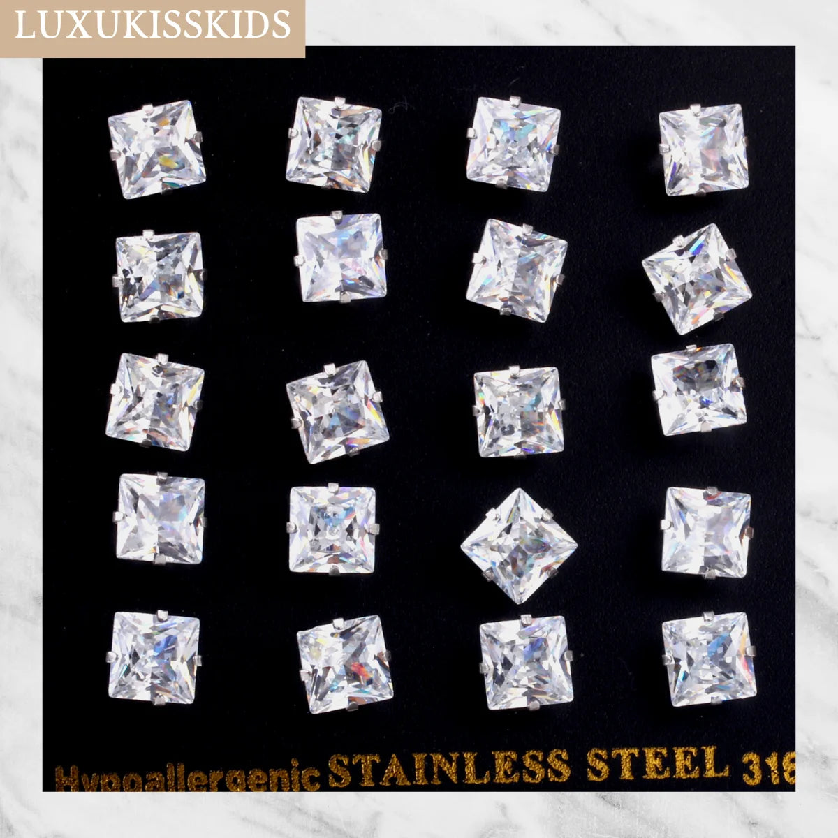 LUXUKISSKIDS Brilliant Square Stud Earrings 10pairs/Lot Novel Clearly Large 3A Cubic Zirconia Stainless Steel Wholesale
