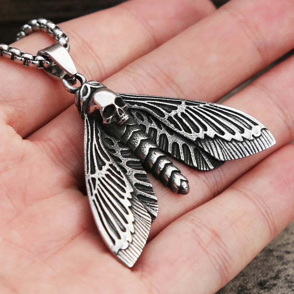 Vintage Gothic Style Death Moth Necklace Unisex Punk Stainless Steel Butterfly Skull Pendant Animal Jewelry Gift