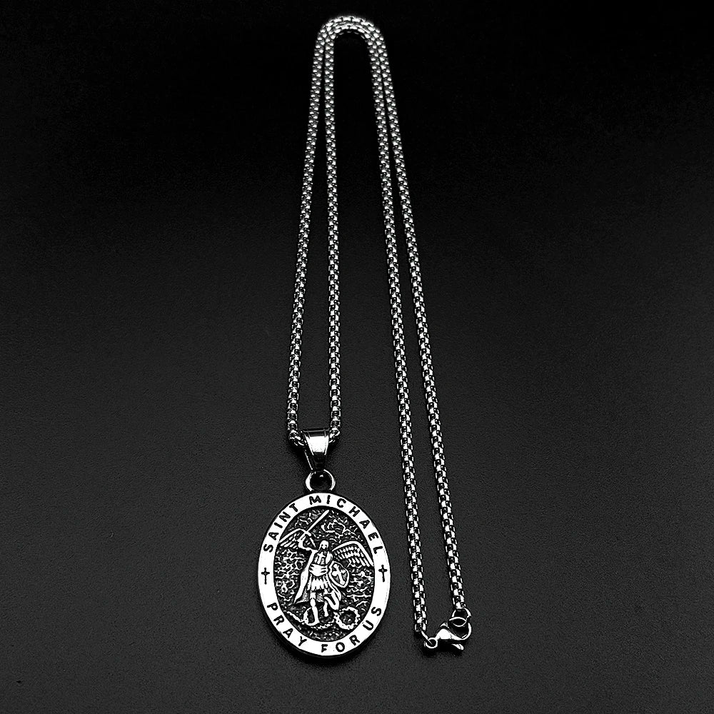 Archangel Saint Michael Pray for Us Stainless Steel Chain Necklace for Women Men Silver Color Oval Pendant Necklaces