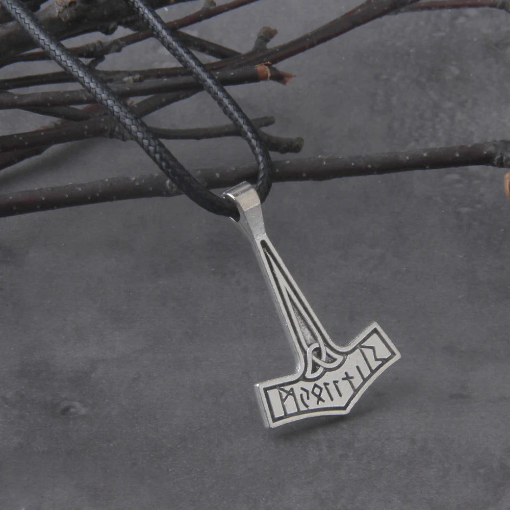 Viking Jewelry antique silver color rune thor hammer pendant necklace with cotton necklace chain