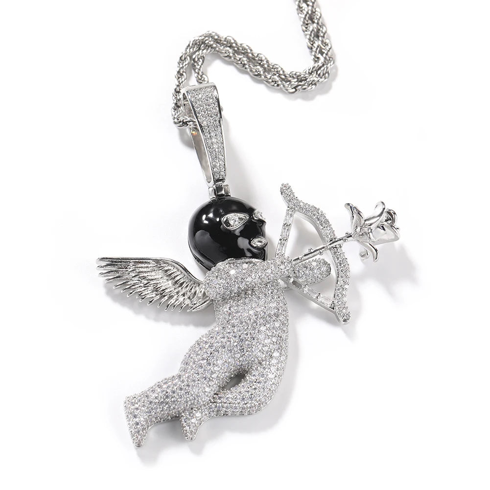 THE BLING KING Iced Full Zirconia Masked Rose Cupid Angel Pendant Necklace Goddess of Love With Arrow 12mm Square Chain Jewelry