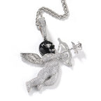 THE BLING KING Iced Full Zirconia Masked Rose Cupid Angel Pendant Necklace Goddess of Love With Arrow 12mm Square Chain Jewelry