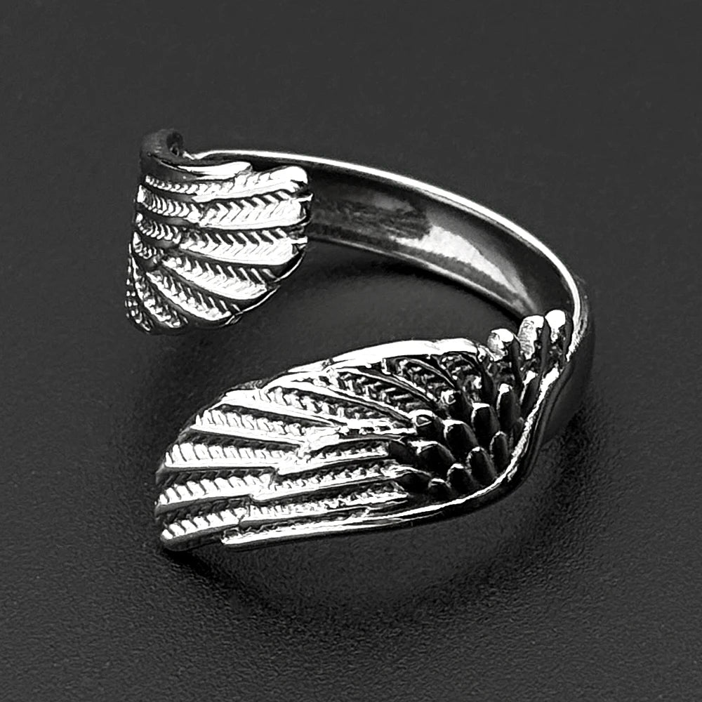 Angel Wing Wrap Open Adjustable Rings for Women Men Stainless Steel Gold Plated Feather Protection Finger Ring Jewelry
