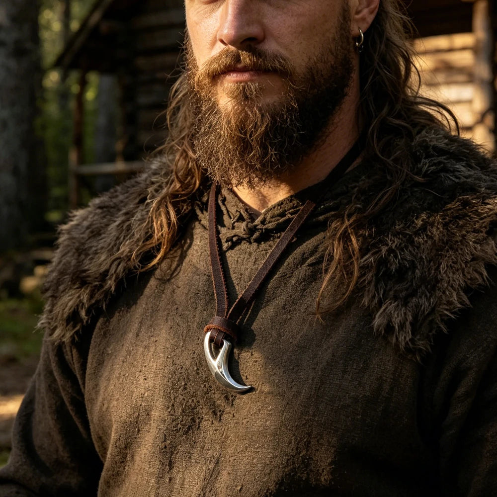 Viking Wolf Tooth Pendant Necklace - Stainless Steel Norse Rune & Celtic Knot, Men's Pagan Jewelry with wood box