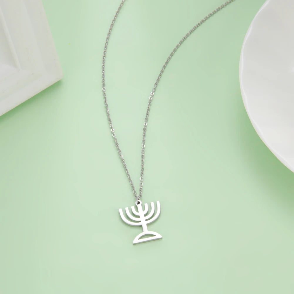 Star of David & Menorah Jewish Pendant Necklace — Stainless Steel