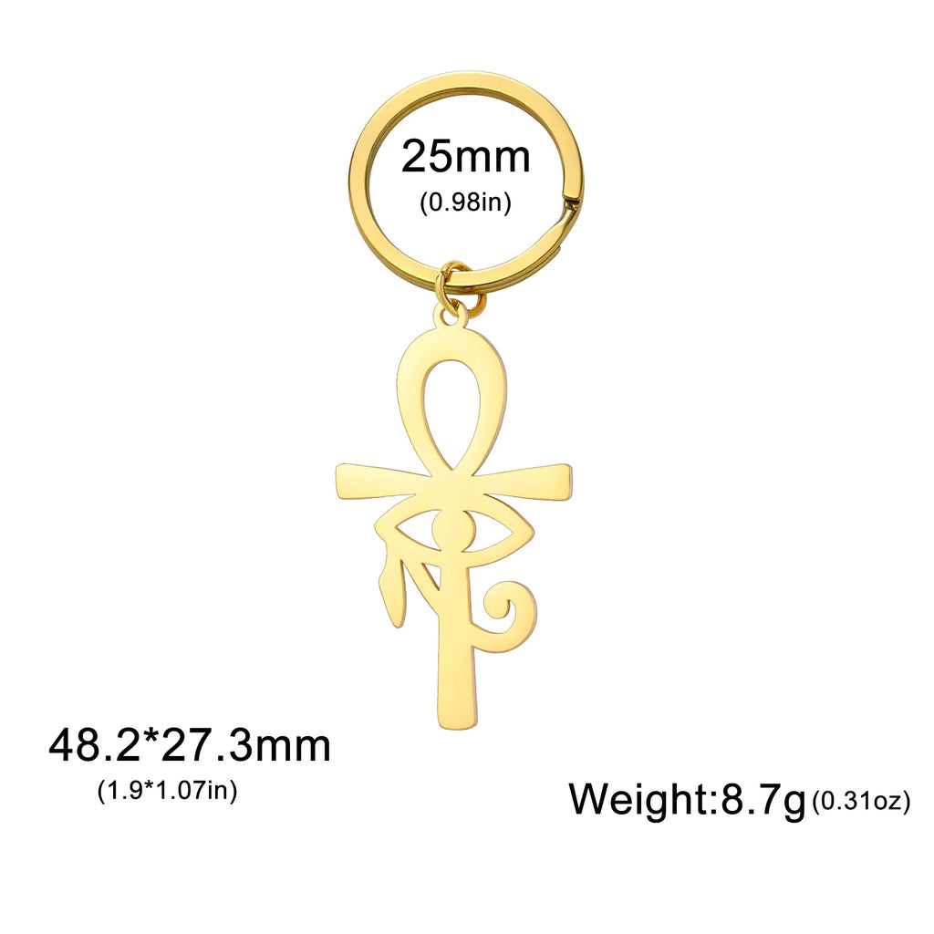 LIKGREAT Eye of Horus Keychain Ancient Egypt Ankh Cross Keyring for Women Men Stainless Steel Talisman Cross Jewelry