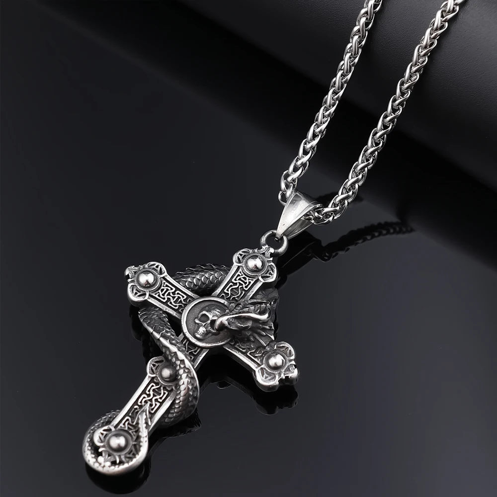 Gothic Skull Cross Dragon Pendant Necklace — Stainless Steel