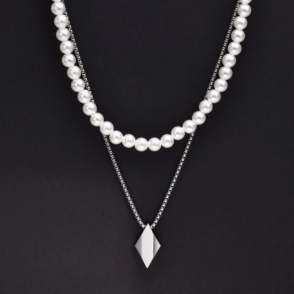 Rhombus Pearl Bead Chain Necklace — SS