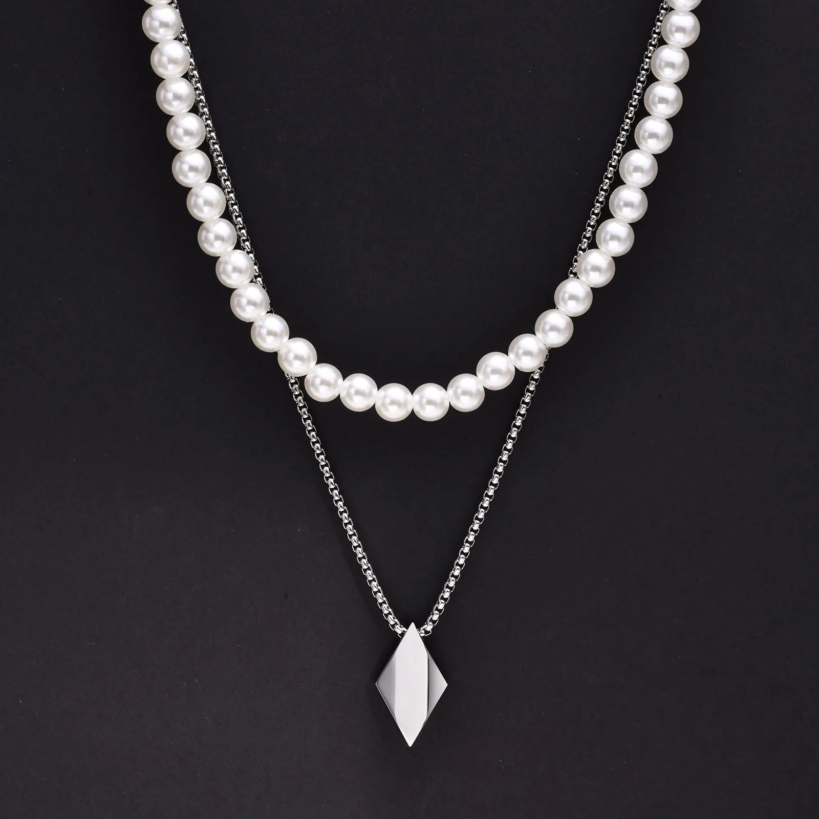 Rhombus Pearl Bead Chain Necklace — SS