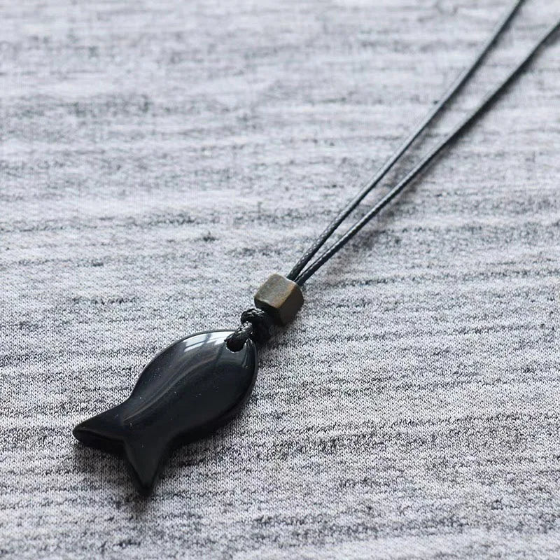 Vintage Natural Black Obsidian Fish‑Shaped Pendant Necklace for Men, Ideal for Fishing Enthusiasts, Valentine’s Day Gift