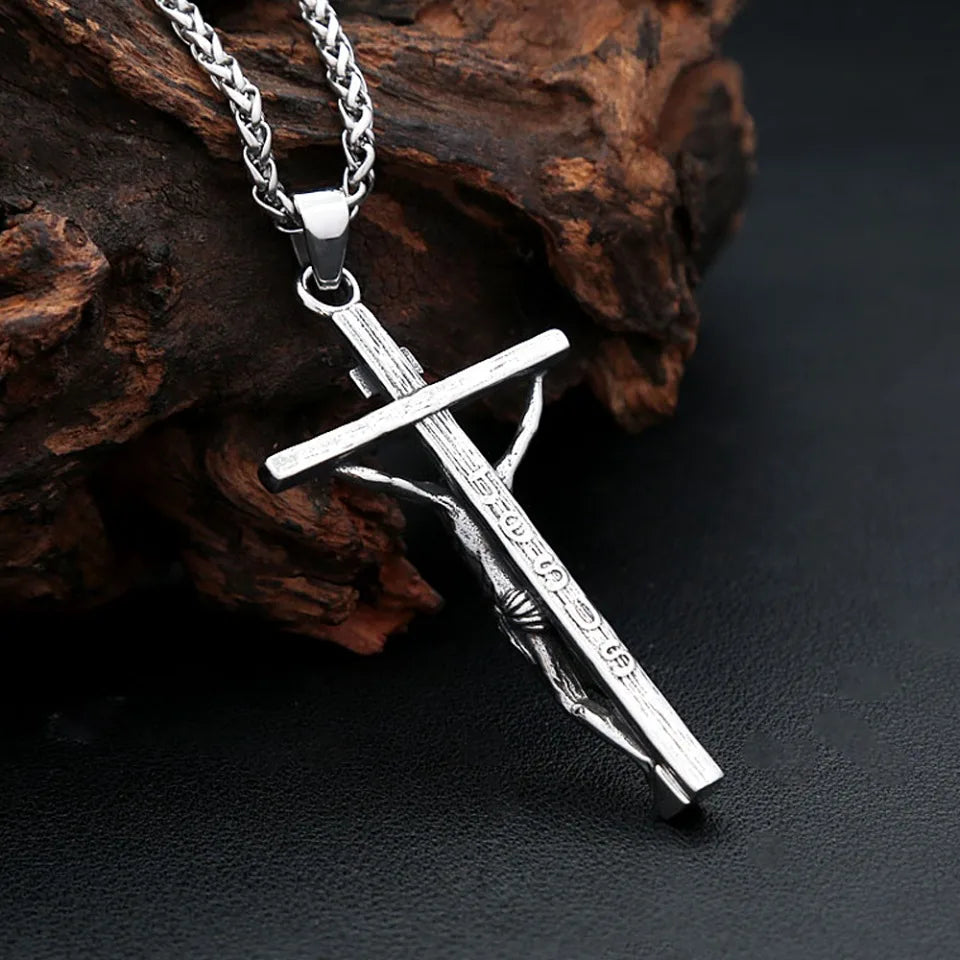 Punk Jesus Christ Cross Pendant Necklace For Men 316L Stainless Steel Fashion Religious Prayer Amulet Jewelry Gifts