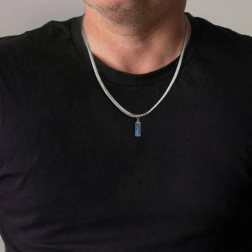 Blue Stone Cuban Pendant Necklace — SS