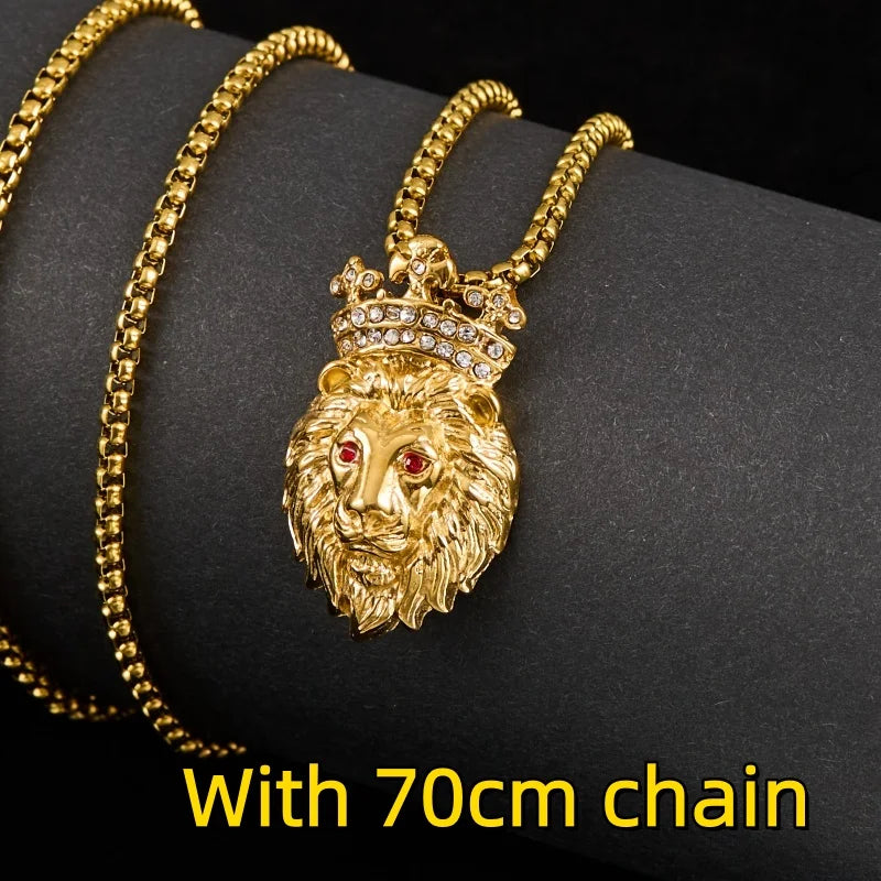 Lion Head Crown Pendant Necklace — Iced Out, Stainless Steel