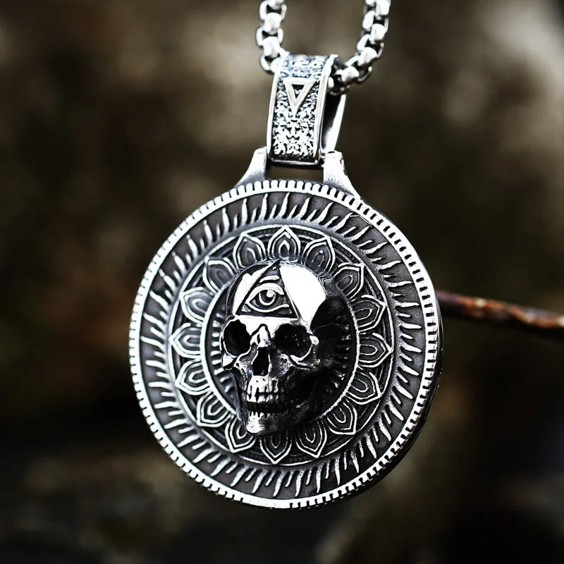 3D Round Skull Pendant Necklace — Stainless Steel