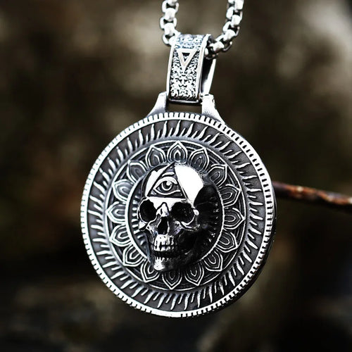 3D Round Skull Pendant Necklace — Stainless Steel