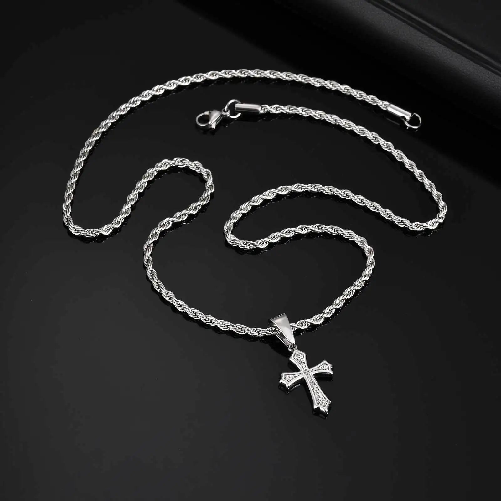 Vnox Stainless Steel Cross Pendant Necklace, 17x26mm Cross Pendant with Twisted Chain Religious Faith Jewelry Gift for