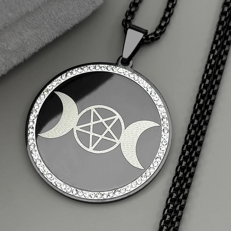 Star Moon Gold Pendant Goddess Triple Pentagram