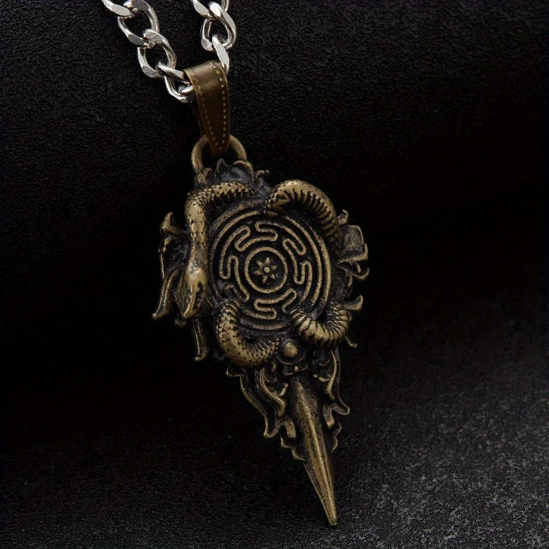 Retro Wheel Pendant with Snake Pendant Wheel of Hecate Symbol Protective Amulet Brass Jewelry Gifts for Women