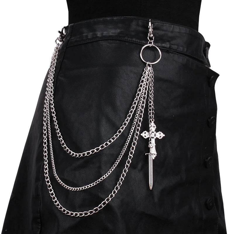 Punk Spike Rivet Layered Metal Chain Keychains For Men Women Pants Jeans Biker Gothic Rock Belt Chains Jewelry Accessories Gift