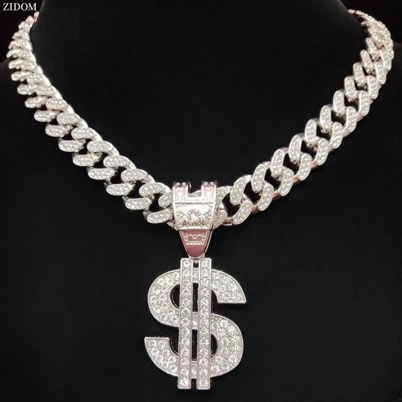 Men Women Hip Hop Dollar Pendant Necklace with 13mm Cuban Chain Hiphop Iced out pendants Necklaces Fashion Punk Jewelry