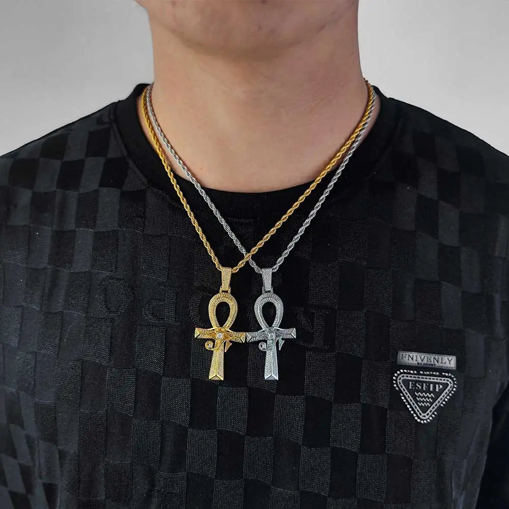 Gold Cross Ankh Pendant Necklace Iced Out 18K