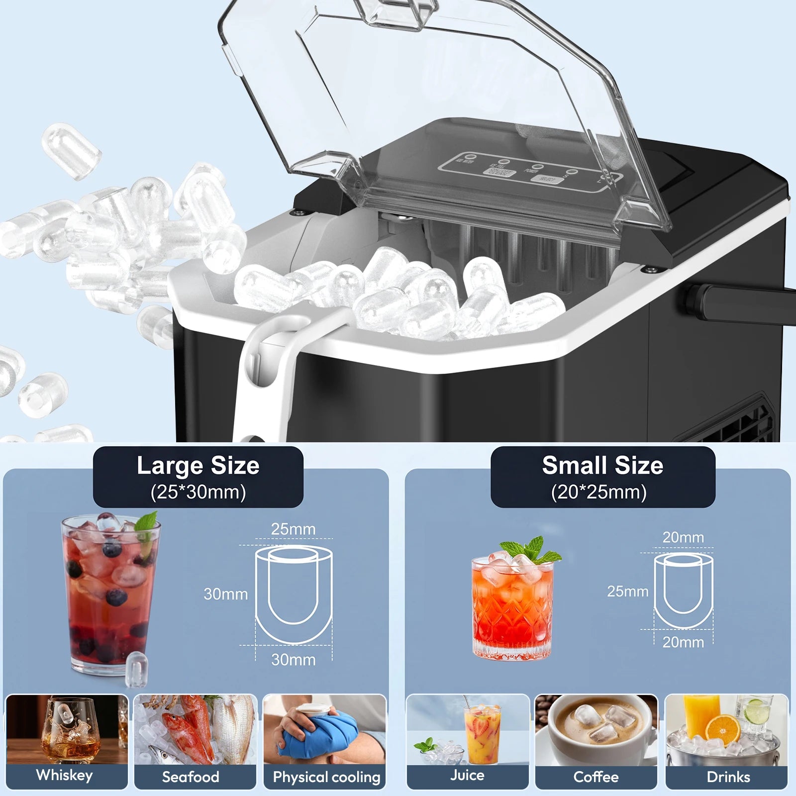 Loefme Desktop Fully Automatic Bullet Shaped Ice Maker 12kg/24h Fast Ice Making Suitable For Home Automatic Cleaning