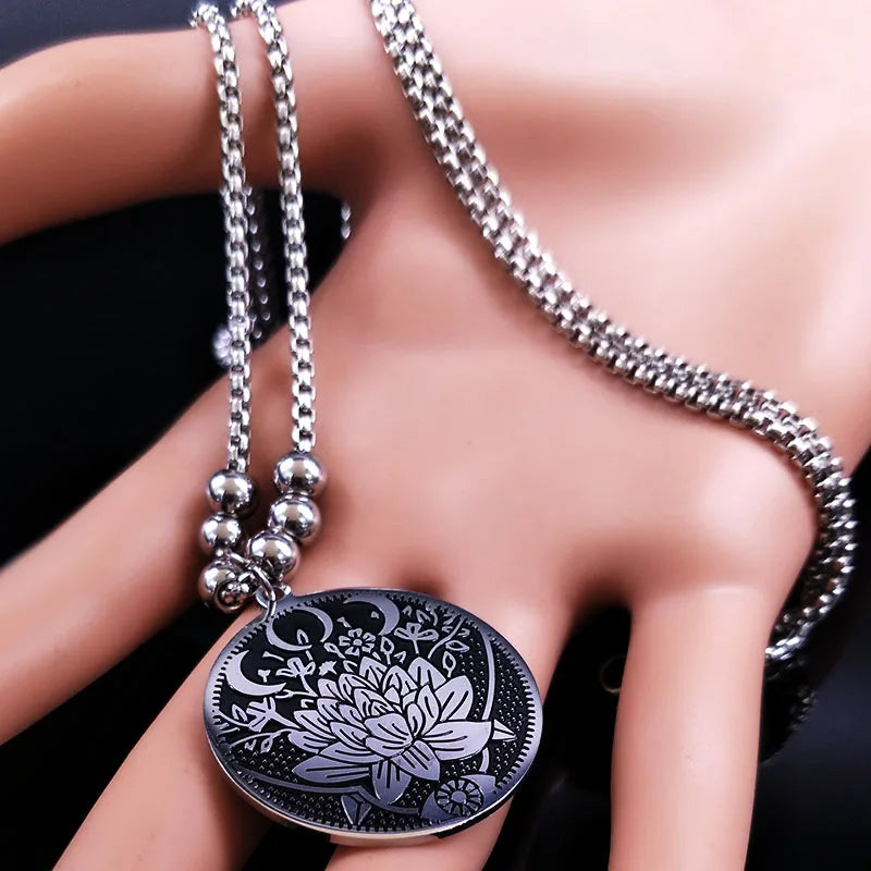 Wiccan Lotus Moon Eye Pendant Necklace — Stainless Steel
